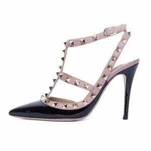 Valentino Rockstud Caged Two Toned Black Patent Leather Stiletto Heel Pumps